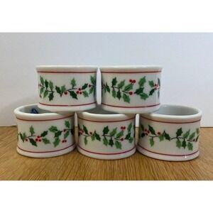 Unbranded Napkin Ring Set 5 White Christmas Holly Berry Good Ceramic Japan